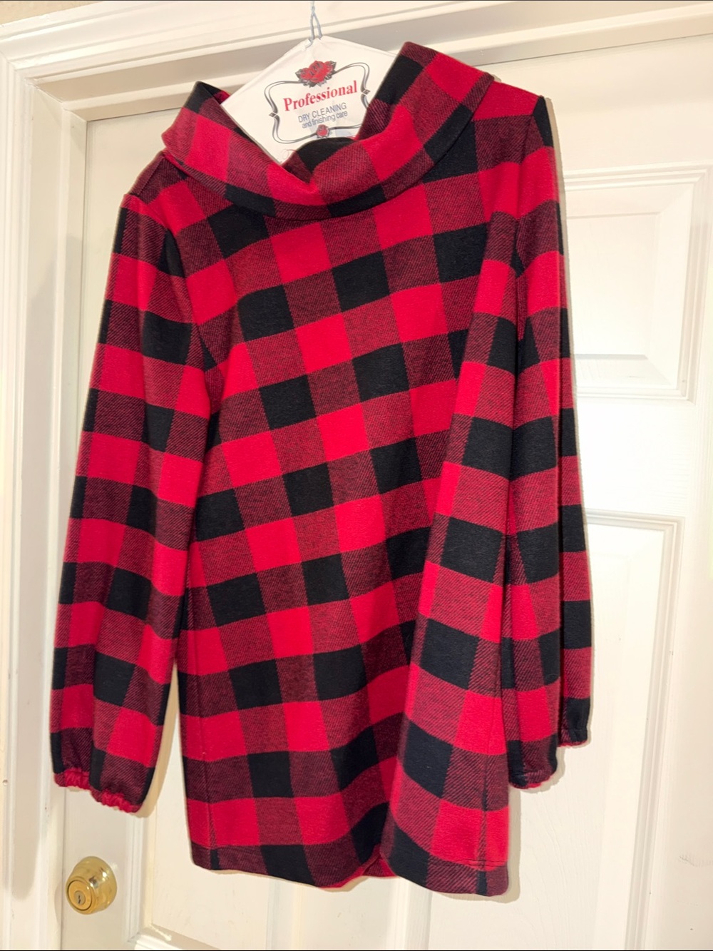Soft Surroundings Red and Black Buffalo Plaid Cowl Tunic Neck Sweater
